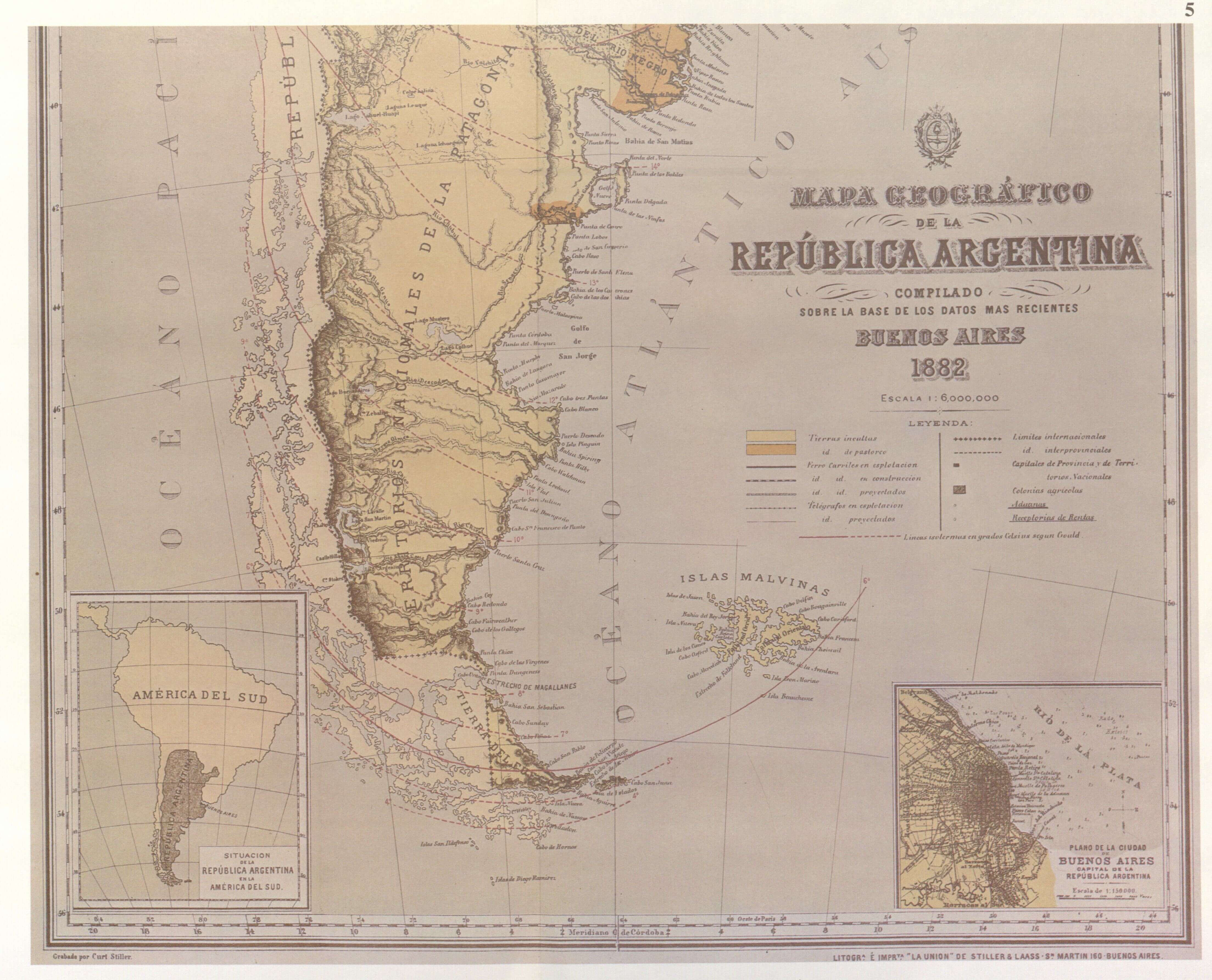 Mapa Geográfico de la República Argentina compilado en Buenos Aires en 1882, mostrando la Patagonia, las Islas Malvinas y un plano de la ciudad de Buenos Aires