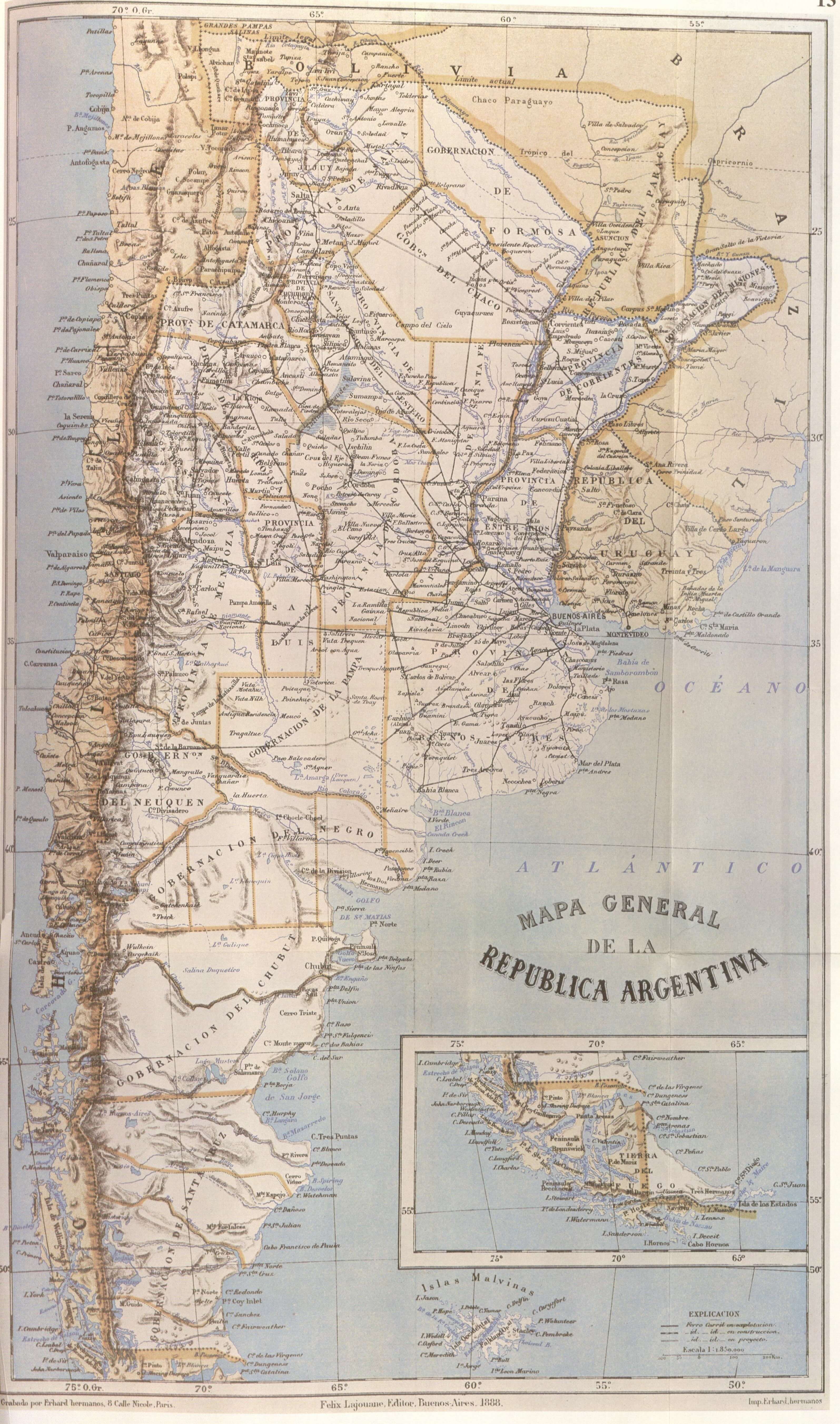 Mapa General de la República Argentina publicado por Felix Lajouane en Buenos Aires en 1888, grabado en París por Erhard Hermanos, mostrando todas las provincias y gobernaciones del territorio nacional
